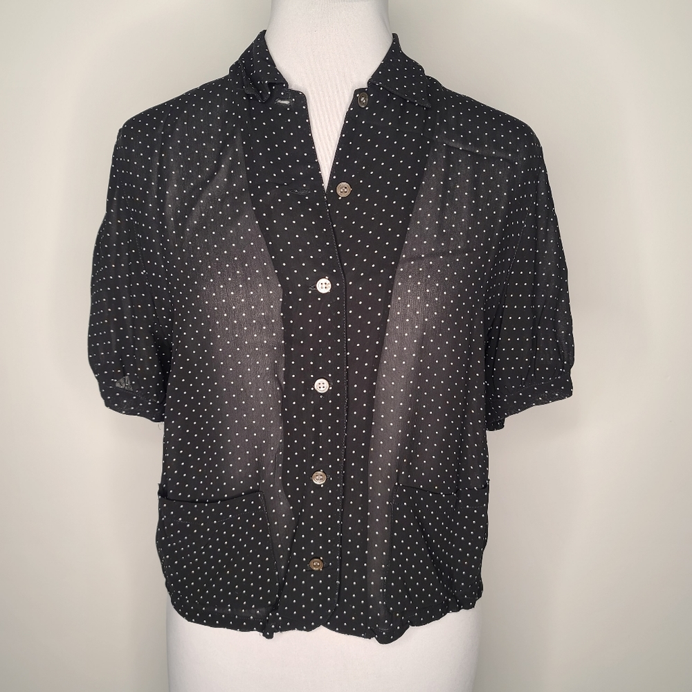 Esprit Collection Sheer Polka Dot Button Down Top Black Size S Small